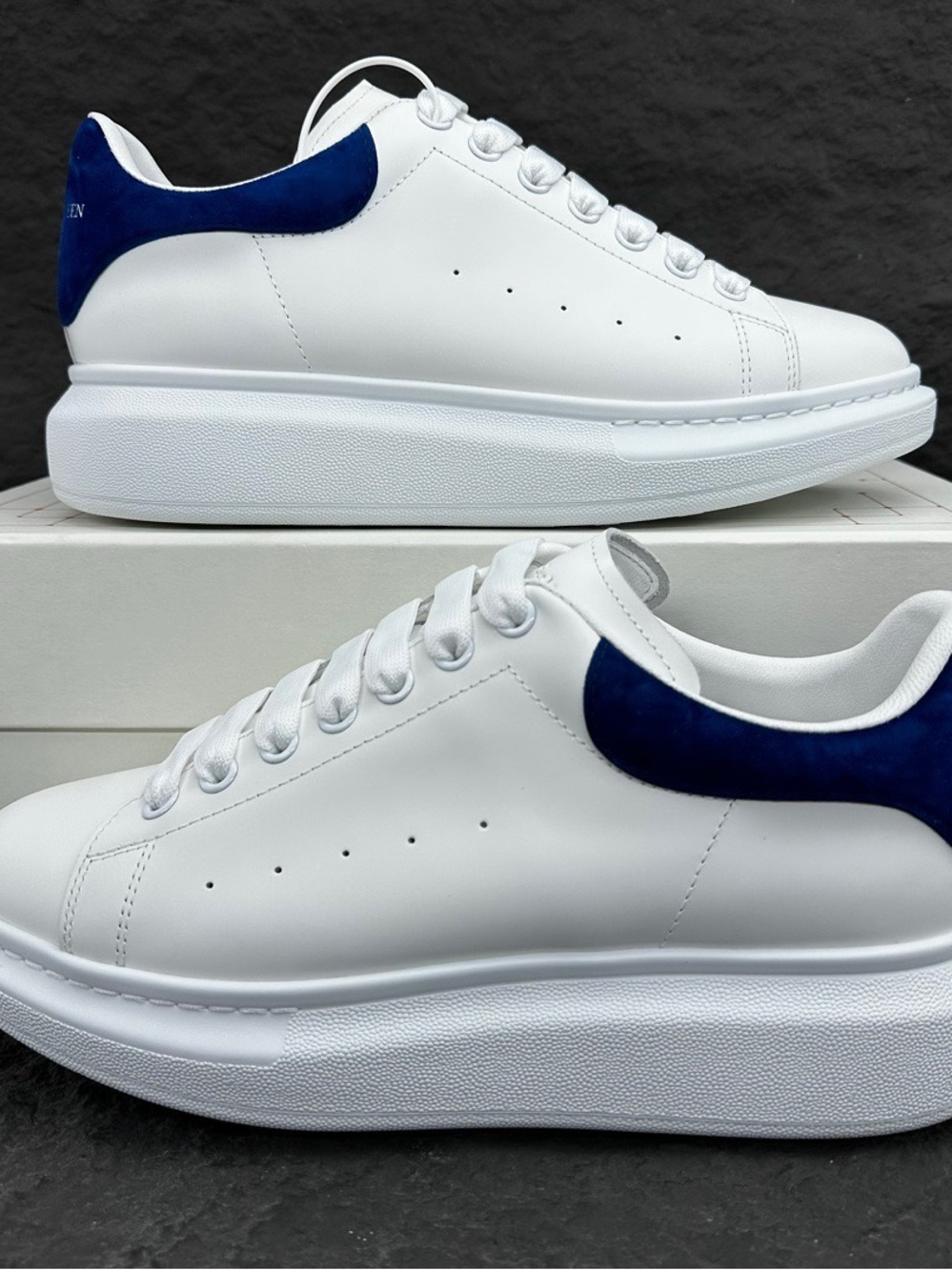 Alexander McQueen White Leather Sneakers with Navy Heel Tab